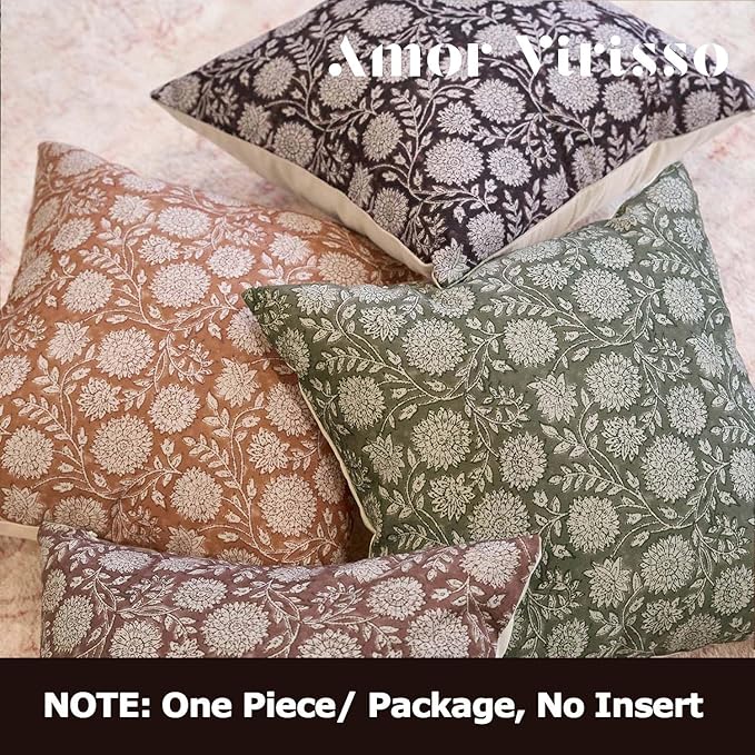 Amor Virisso Floral Throw Pillow Covers 20x20 Block Print Pillow Covers Vintage Neutral Couch Pillows for Living Room Farmhouse Decorative Accent Sofa Pillows, Black