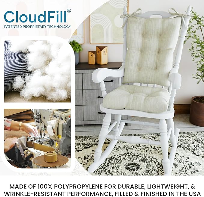 Klear Vu Omega Non-Slip Rocking Chair Cushion, Assembled in USA, Thick Tufted Design, Includes Seat Pad & Back Pillow with Ties, 17x17 Inches, 2-Piece Set, Solid Ivory