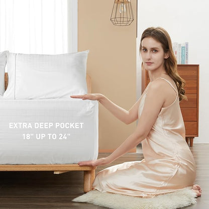 Sunflower Queen Fitted Sheet, 1-Piece Extra Deep Pocket Fitted Bottom Sheet 22", 100% Cotton Jacquard Damask Sheets Sateen Weave Soft Breathable, White Checkered