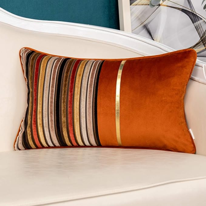 Yangest Orange Striped Patchwork Throw Pillow Cover Gold Leather Cushion Cover Zippered Rectangular Pillowcase for Sofa Couch Bedroom Living Room Home Decoration, 12x20 Inch