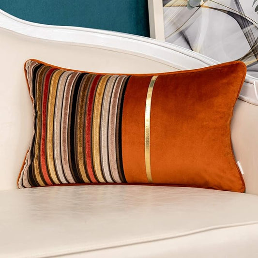 Yangest Orange Striped Patchwork Throw Pillow Cover Gold Leather Cushion Cover Zippered Rectangular Pillowcase for Sofa Couch Bedroom Living Room Home Decoration, 12x20 Inch