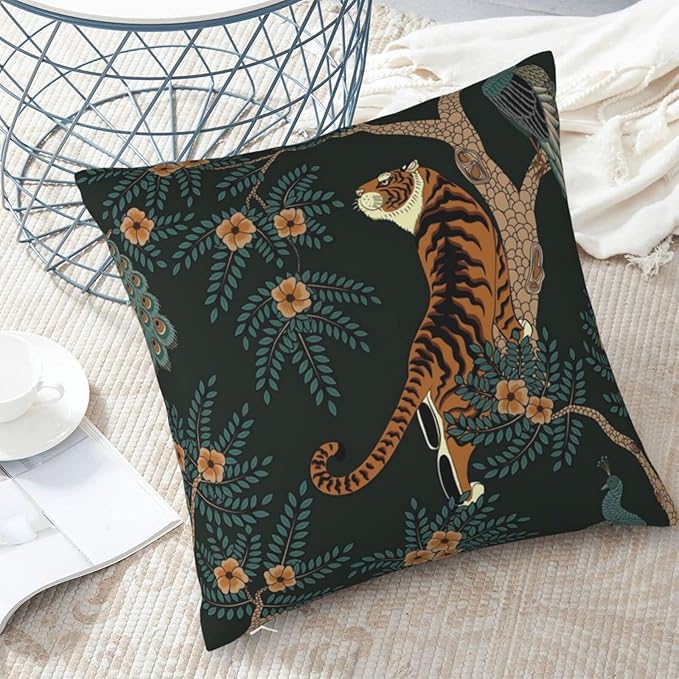 NBFKDO Pillow Cover,Tiger and Peacock (1) Throw Pillow Case Modern Cushion Cover Square Pillowcase Decoration for Sofa Bed Chair Car 18 X 18 Inch
