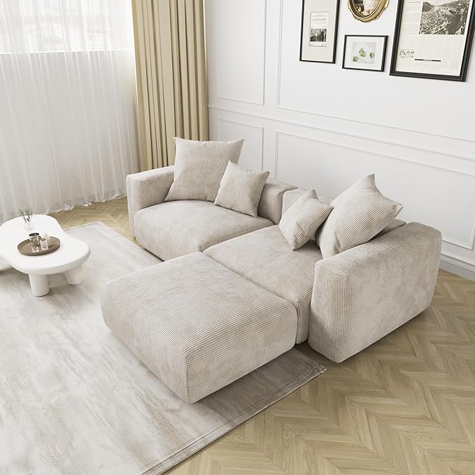 JACH Corduroy Modular Sectional Couch, Oversized Sectional Sofa with Chaise Ottoman, Cushion Covers Removable, Modern Deep 2-Seat Couches for Living Room, Office (Beige)