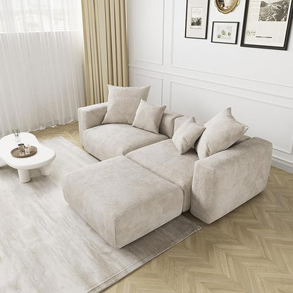 JACH Corduroy Modular Sectional Couch, Oversized Sectional Sofa with Chaise Ottoman, Cushion Covers Removable, Modern Deep 2-Seat Couches for Living Room, Office (Beige)