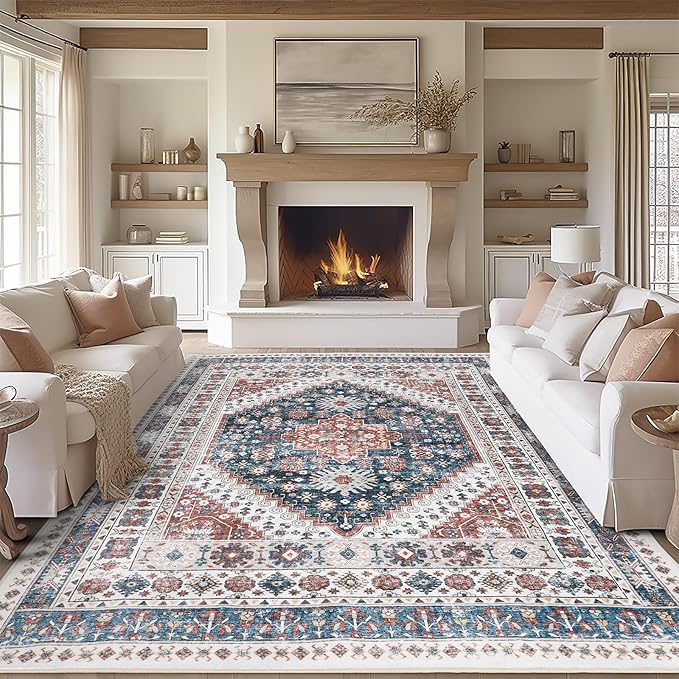 zesthome 9x12 Area Rugs,Stain Resistant Washable Rug,Ultra-Thin Rugs for Living Room,Bedroom,Non-Slip Backing Home Decor Large Area Rug (Navy Blue/Red,9'x12')