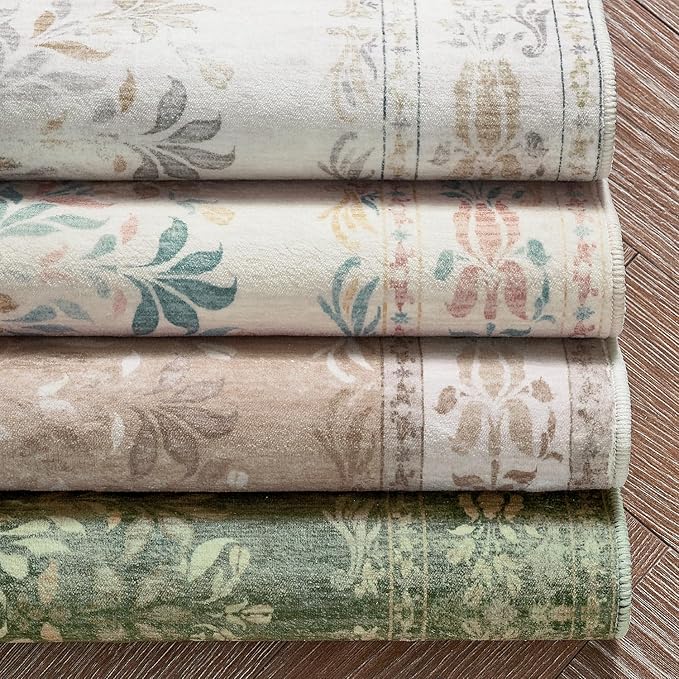 jinchan Hallway Runner Rug 2x8 Vintage Floral Distressed Design - Machine Washable Non-Slip Low-Pile Soft Thin Faux Wool Kitchen Christmas Carpet for Farmhouse Bedroom Laundry Room(2x8ft, Dark Green)