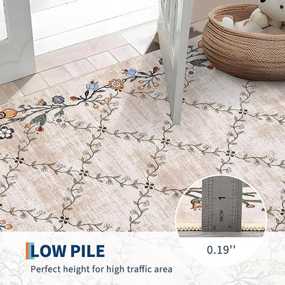 GarveeHome 8x10 Washable Floral Area Rugs for Living Room: Modern Floral Non Slip Large Area Rugs for Bedroom, Large Machine Washable Living Room Low Pile Carpet with Non-Slip Backing Beige 8'x10'.