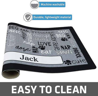 Drymate Personalized Pet Bowl Placemat, Custom Dog & Cat Food Feeding Mat - Absorbent Fabric, Waterproof Backing - Machine Washable/Durable (USA Made) (12" x 20") (Linen Black)