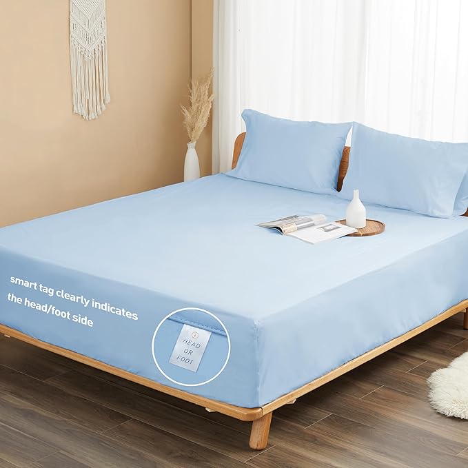 Sunflower Queen Fitted Sheet, 1-Piece Extra Deep Pocket Fitted Bottom Sheet 22", 100% Cotton Sateen Soft Breathable, Powder Blue