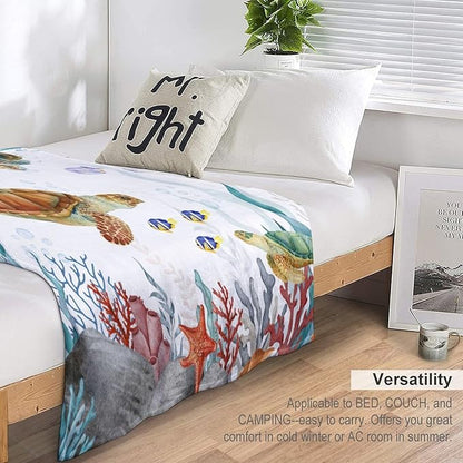 Sea Turtle Throw Blanket, Teal Blue Ocean Underwater Animal Starfish Fish Nautical Coastal Theme Fleece Flannel Blanket for Couch Sofa Bedroom Adults Kids, 30"x40"