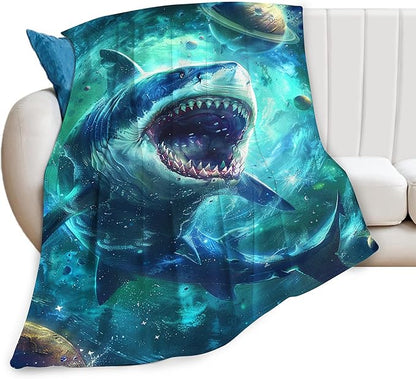 Funny Shark Throw Blanket, 60"x50", Multicolor, Microfiber, Shark Quilt, Modern Style, All Ages, All Seasons, Heavy Weight, Easy Care