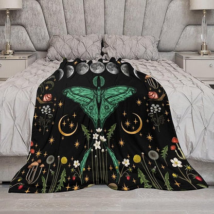 Moon Phase Moth Blanket, Vintage Botanical Mushroom Wildflower Gothic Night Moonlit Mysterious Witchy Throws Blanket for Sofa Bed Couch Chair, 50"x60"