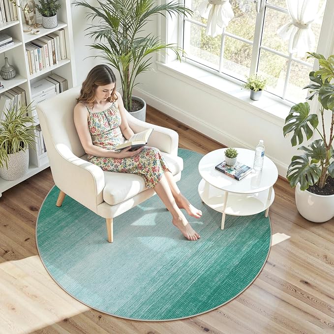 Wonnitar Modern Ombre Washable Round Rug 4ft, Non-Slip Teal Round Bathroom Throw Mat, Contemporary Soft Non-Shedding Bedside Indoor Accent Floor Carpet for Entry Foyer Guest Room (Teal, Round 4ft)