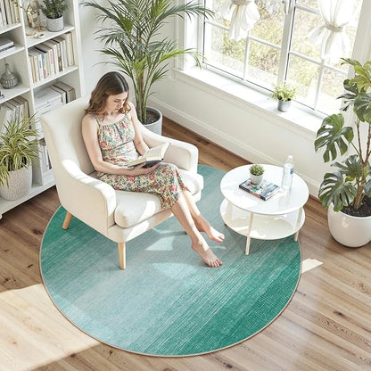 Wonnitar Modern Ombre Washable Round Rug 4ft, Non-Slip Teal Round Bathroom Throw Mat, Contemporary Soft Non-Shedding Bedside Indoor Accent Floor Carpet for Entry Foyer Guest Room (Teal, Round 4ft)