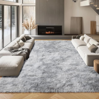 ONASAR Area Rugs 9x12 Living Room, Tie-Dyed Light Grey Large Fluffy Bedroom Rug, Washable Soft Plush Thick Shaggy Big Floor Carpet for Kids Boy Girls Teen Dorm Nursery Indoor Home Decor Aesthetic