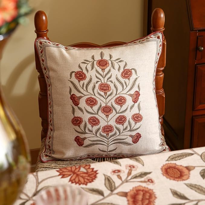 ISAENNE Design Linen Square Vintage Throw Pillow Covers 18"x18", Brick Red Cushion Covers with Orange Floral Green Leaves Pattern Decoration Pillowcases for Bed,Living Room,Outdoor,Car