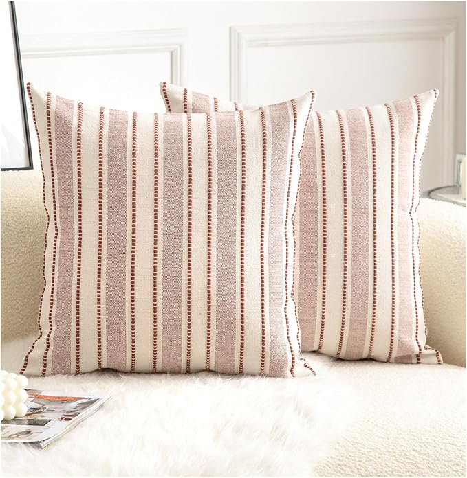 Decorative Boho Throw Pillow Covers, Farmhouse Textured Pillow Case, 18 x 18 Inch Set of 2, Chair Sofa Bedroom Living Room Home Decor Couch Cushion Case, Rust and Beige Striped