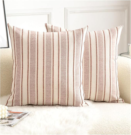 Decorative Boho Throw Pillow Covers, Farmhouse Textured Pillow Case, 18 x 18 Inch Set of 2, Chair Sofa Bedroom Living Room Home Decor Couch Cushion Case, Rust and Beige Striped