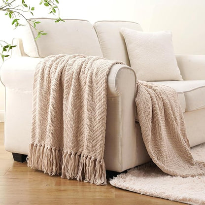 BATTILO HOME Beige Throw Blanket for Couch, Knitted Beige Throw for Bed, Neutral Throw Blankets Tan Throw Blanket for Room Decor Housewarming Gifts, 50" x 60"