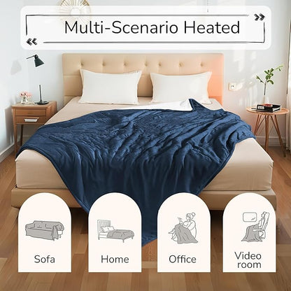 Electric Heated Blanket King Size 90"x100" - Dual-Sided with Microplush & Sherpa Fabric, 4 Heat Settings & 10 Hours Auto Off, Dual Controller, Machine Washable - Dark Blue