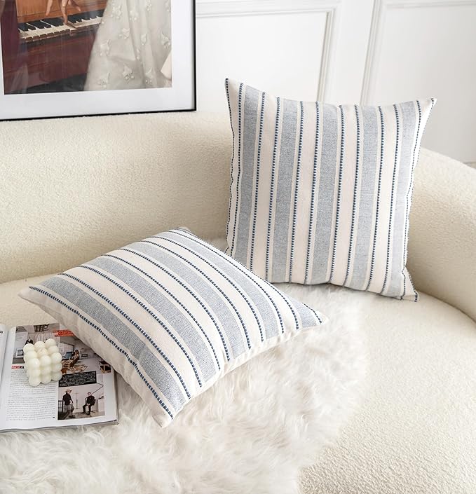 Decorative Boho Throw Pillow Covers, Farmhouse Textured Pillow Case, 22 x 22 Inch Set of 2, Chair Sofa Bedroom Living Room Home Decor Couch Cushion Case, Classic Blue and Beige Striped