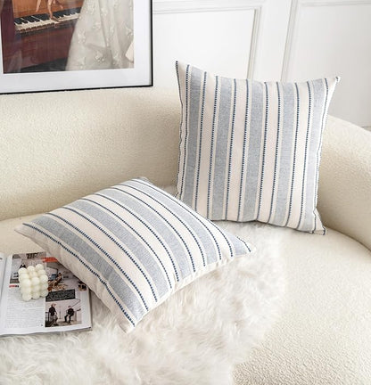 Decorative Boho Throw Pillow Covers, Farmhouse Textured Pillow Case, 22 x 22 Inch Set of 2, Chair Sofa Bedroom Living Room Home Decor Couch Cushion Case, Classic Blue and Beige Striped
