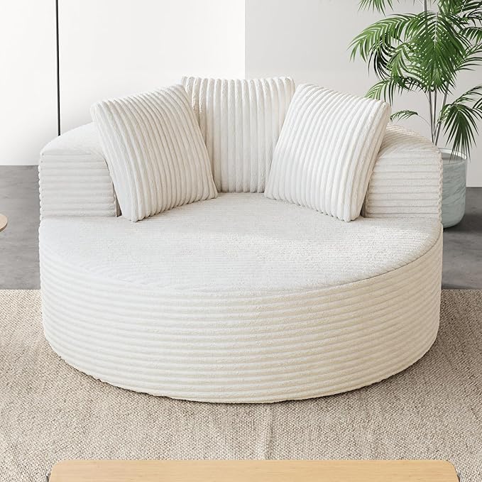 JACH Oversized Round Lazy Sofa Chair with Three Pillows, 50" Corduroy Deep Seat Single Sleeper Sofas, Upholstered Chaise, Cloud Couch for Living Room, Apartment, Beige