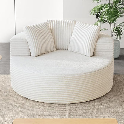 JACH Oversized Round Lazy Sofa Chair with Three Pillows, 50" Corduroy Deep Seat Single Sleeper Sofas, Upholstered Chaise, Cloud Couch for Living Room, Apartment, Beige