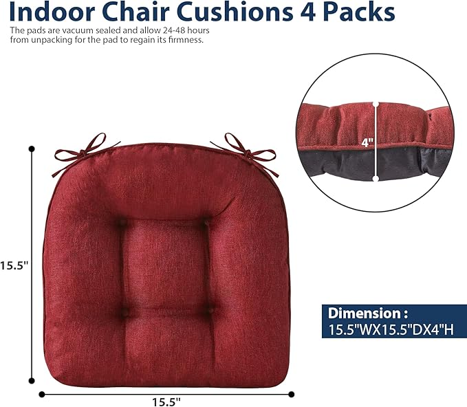 Chair Cushions for Dining Chairs, Seat Cushions for Kitchen Chairs, Indoor Seat Cushions with Ties, Tufted Foam Chair Pads, Non Slip Chair Cushions Set of 6, 15.5" x 15.5" x 4", Red
