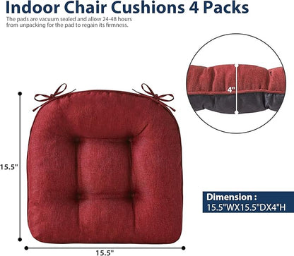 Chair Cushions for Dining Chairs, Seat Cushions for Kitchen Chairs, Indoor Seat Cushions with Ties, Tufted Foam Chair Pads, Non Slip Chair Cushions Set of 6, 15.5" x 15.5" x 4", Red