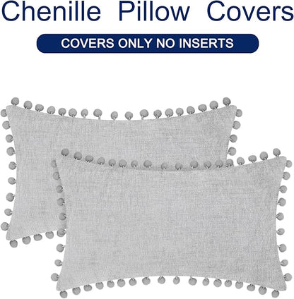 CaliTime Throw Pillow Covers Decorative 20 X 12 Inches Pack of 2 Cozy Solid Dyed Soft Chenille Cushion Cases with Pom Poms for Couch Sofa Bed Living Room Home Moonbeam Gray