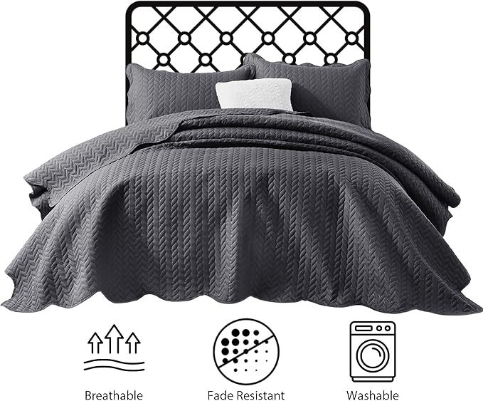 IR Imperial Rooms King Quilt Bedding Set Size (106" x 96") + 2 Pillow Shams (20" x 36"+ 2") - 3 Pcs All Season Lightweight Reversible Microfiber Coverlet Embossed Quilt Bedspread (Charcoal)