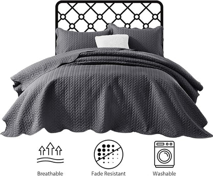 IR Imperial Rooms King Quilt Bedding Set Size (106" x 96") + 2 Pillow Shams (20" x 36"+ 2") - 3 Pcs All Season Lightweight Reversible Microfiber Coverlet Embossed Quilt Bedspread (Charcoal)