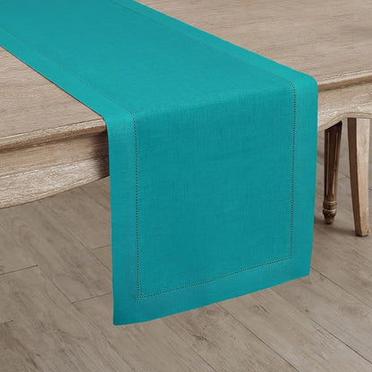 Solino Home Linen Teal Table Runner 108 Inches Long - 100% Pure Linen Hemstitch 14 x 108 Inch Table Runner for Dining, Christmas, New Year - Classic Hemstitch
