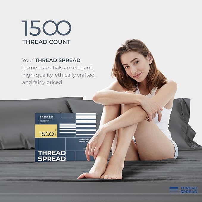 THREAD SPREAD 100% Egyptian Cotton Split King Sheets Sets for Adjustable Bed - Luxury 1500 Thread Count Split Top King Sheets (5 PC, Dark Grey), Soft, Cooling, Sateen Weave 17" Deep Pocket Sheet Set