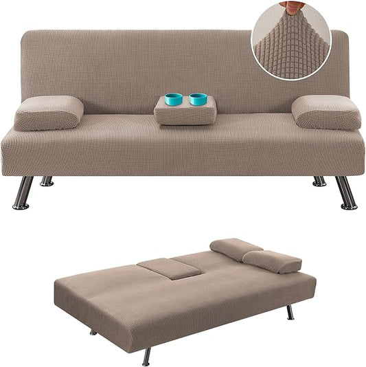 H.VERSAILTEX 4 Pieces Stretch Futon Covers Sofa Bed Slipcover with Removable Armrests and Cupholders Covers Furniture Protector High Spandex Small Checks Jacquard Fabric, Sand