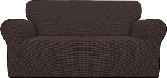 Easy-Going Stretch Loveseat Slipcover 1-Piece Sofa Cover Furniture Protector Couch Soft with Elastic Bottom for Kids Polyester Spandex Jacquard Fabric Small Checks (Loveseat, Chocolate)