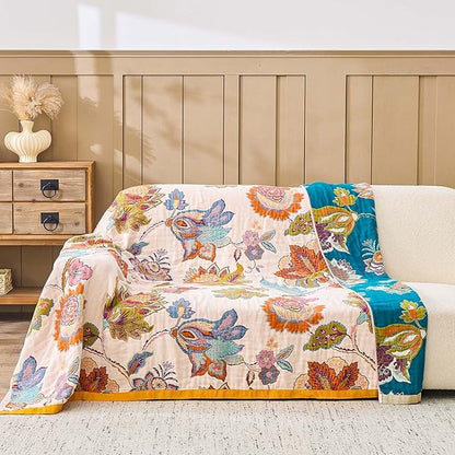 Summer Throw Blanket for Bed, 80"x90" Boho Throw Blankets 100% Cotton Quilts Farmhouse Decoration Warm Soft Blanket Muslin Bed Blankets for Couch Chair