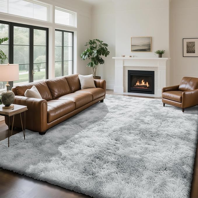 Fluffy Rug Shaggy Area Rug, Mottling Grey 9x12 Area Rugs for Living Room, Large Shag Area Rugs for Bedroom Kids Room Home Decor, Upgrade Anti-Skid Rectangular Fuzzy Rugs