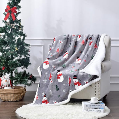 SOCHOW Christmas Holiday Sherpa Fleece Throw Blanket, Fuzzy Warm Super Soft Reversible Plush Blanket for Bed, Sofa and Couch, Snowman and Snowflake Pattern, 60 x 80 inches, Grey