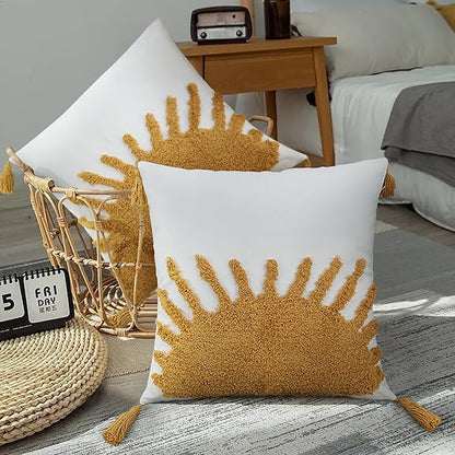 Adabana Boho Throw Pillow Covers 20x20, Decorative Tufted Pillows Cover for Couch Bed, Sun Sunshine Pillow Cover for Kids