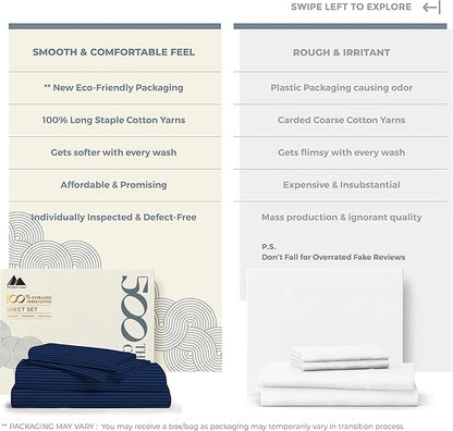 Mayfair Linen 100% Cotton Striped Sheets King Size Bed Set - 500 Thread Count Damask Sheets King Size 4 PC Set (Navy Blue Stripe), Soft, Cooling, Sateen Weave Hotel-Quality 16" Deep Pocket Bedsheet