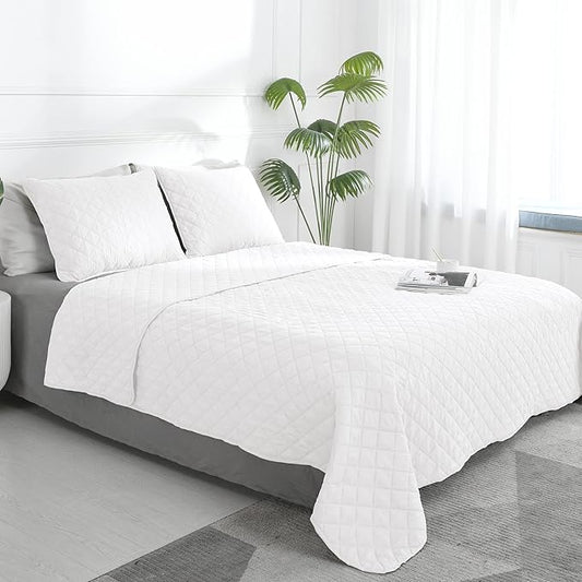 Easy-Going Queen Plus Size Reversible Quilt Set with 1 Quilt and 2 Pillow Shams, Soft Bed Quilt Cover, Water Resistant Lightweight Microfiber Bedspread, Stain Resistant, White/White