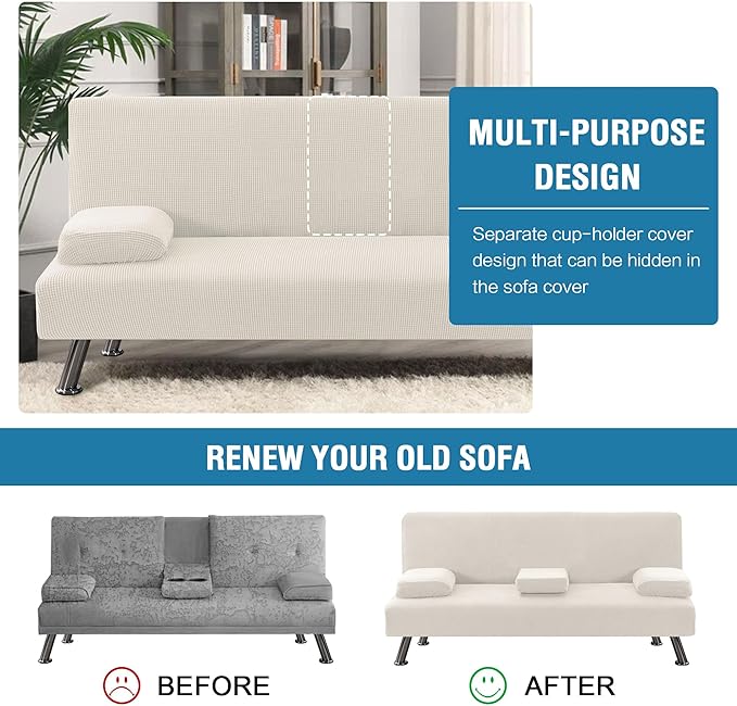 H.VERSAILTEX 4 Pieces Stretch Futon Covers Sofa Bed Slipcover with Removable Armrests and Cupholders Covers Furniture Protector High Spandex Small Checks Jacquard Fabric, Ivory