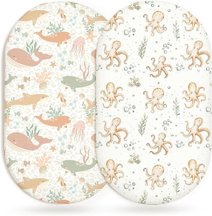 Bassinet Sheets for Baby Girls Boys 2 Pack, Fitted Baby Mattress Sheet for Rectangle, Oval, Hourglass Bassinet Mattress, Breathable Cozy & Universal Fit (Aqua Wonders)