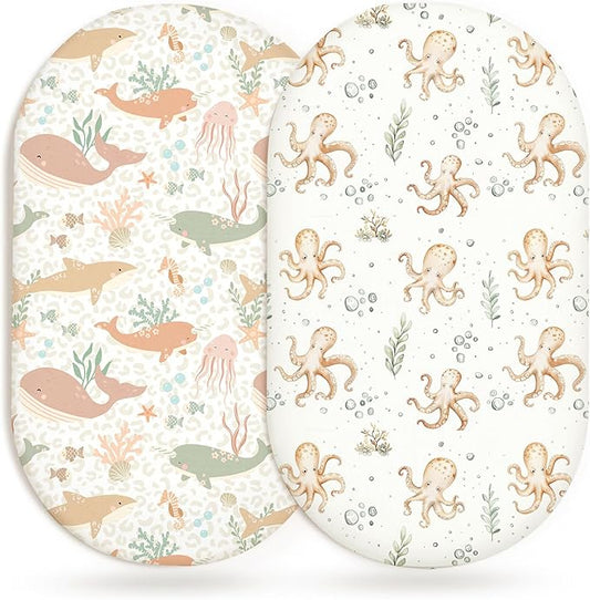 Bassinet Sheets for Baby Girls Boys 2 Pack, Fitted Baby Mattress Sheet for Rectangle, Oval, Hourglass Bassinet Mattress, Breathable Cozy & Universal Fit (Aqua Wonders)