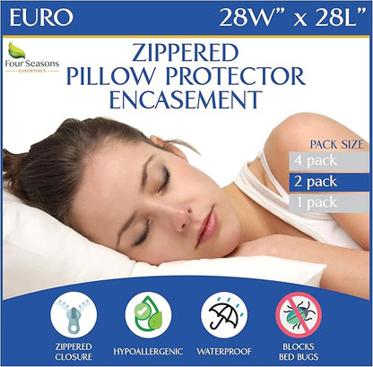 Euro Size Pillow Protectors (Set of 2) - European Square 28x28 Pillow Covers Waterproof Hypoallergenic Dust Proof Zippered Encasement