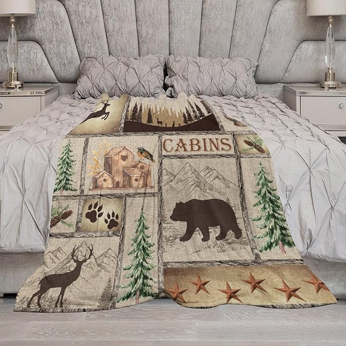 Rustic Cabin Bear Blanket, Lake Country Lodge Bear Deer Forest Farmhouse Camp Print Soft Warm Cozy Lightweight Decorative Blanket for Couch Bed Sofa Travel, 40"x50"