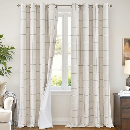 Brown Plaid Curtains Pattern Printed 90 Inches Long - Total Linen Blackout Curtains for Living Room, Boho Grommet Drapes for Farmhouse Thermal Drapery 52x90 Inch 2 Panels