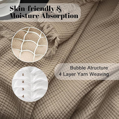 MorroMorn 100% Cotton Muslin Blanket with Fringes Twin Size 60"x80", 4-Layer Gauze Blankets for Adults, Boho Bedding Breathable Lightweight Ultra-Soft Farmhouse Decor for Couch Bed All Seasons, Khaki